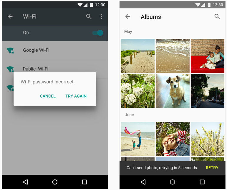 アラートダイアログとスナックバーでのエラー表示 出典:マテリアルデザインガイドライン