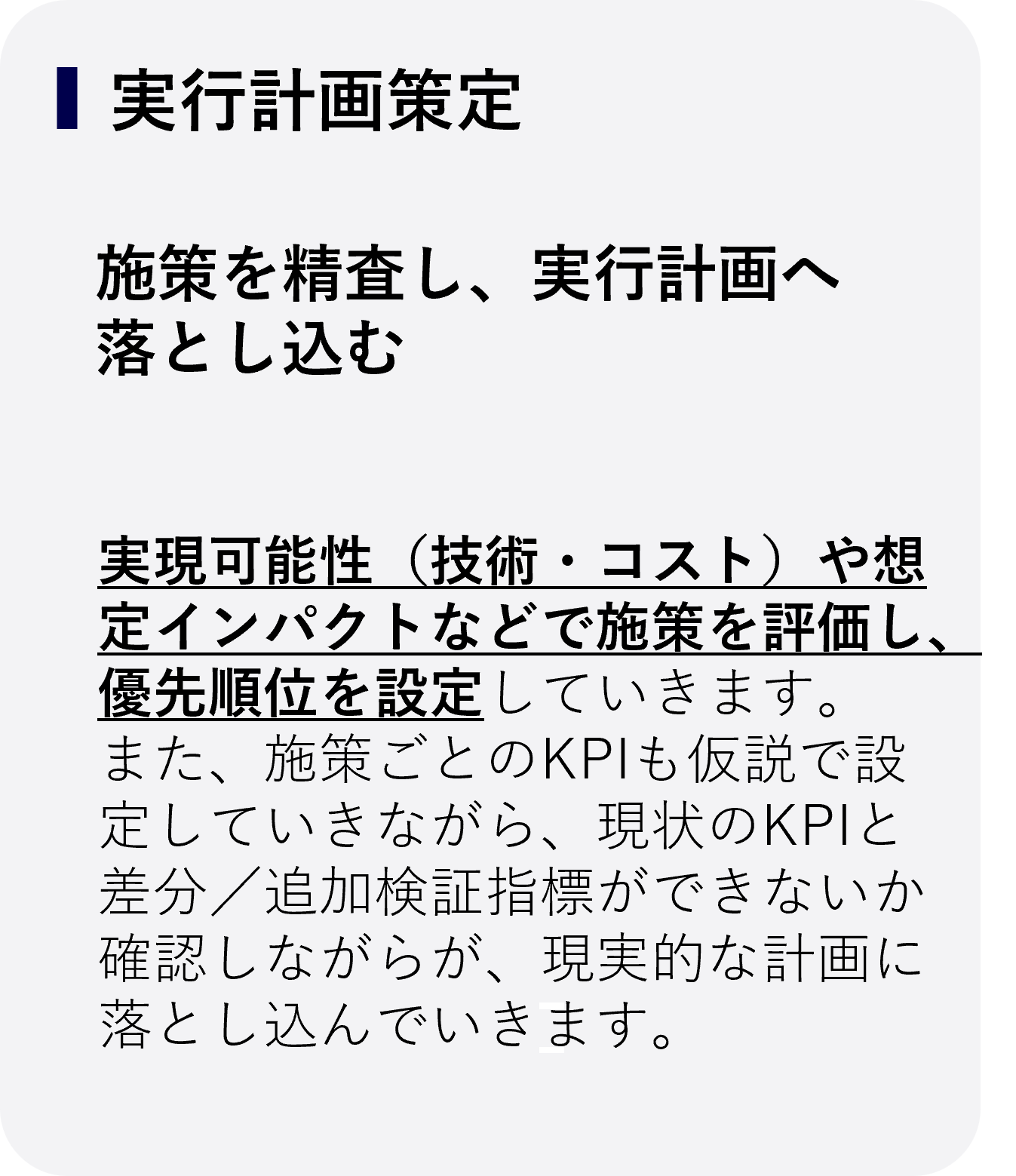 実行計画策定：施策を精査し、実行計画へ落とし込む