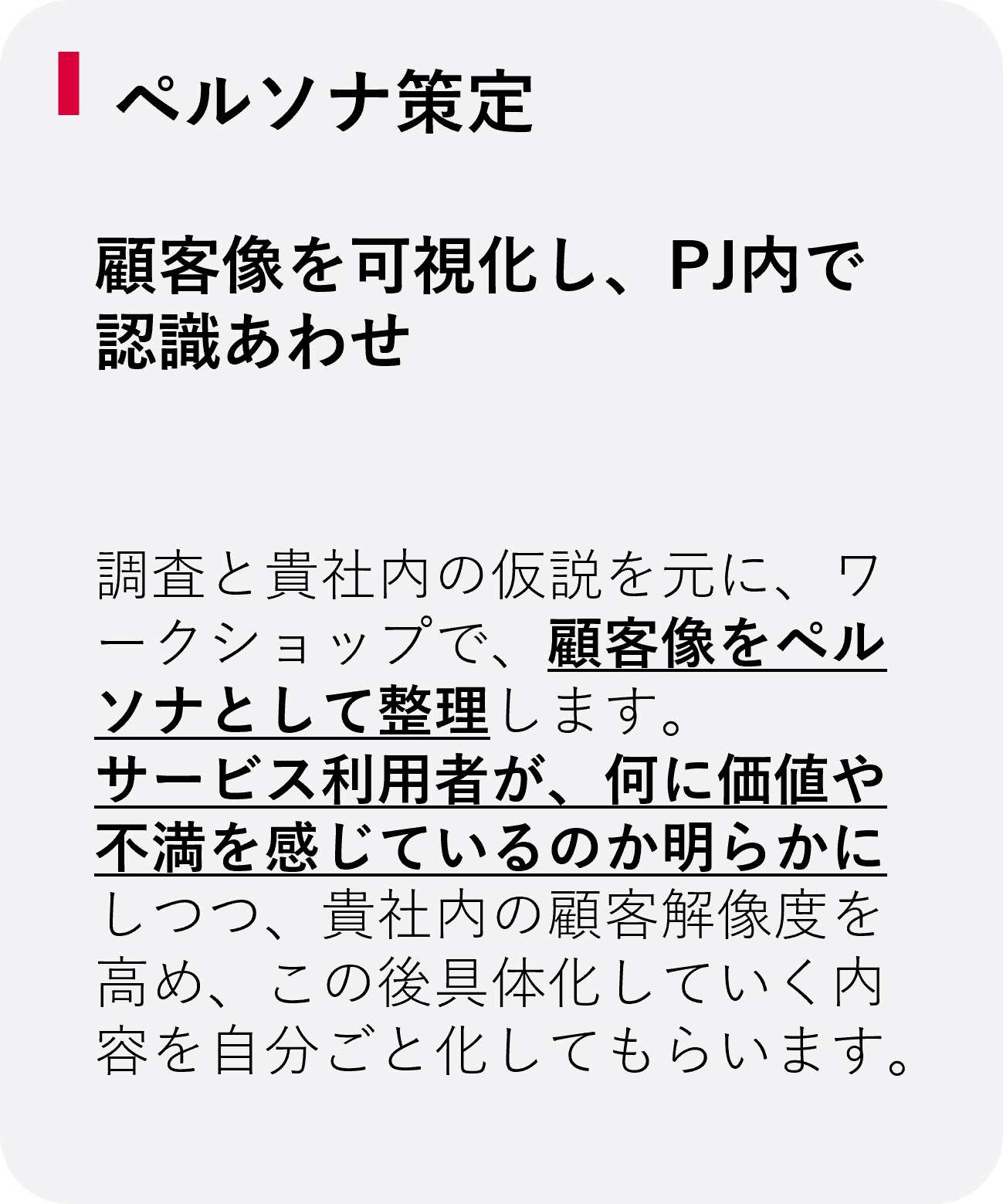 ペルソナ策定：顧客像を可視化し、PJ内で認識あわせ